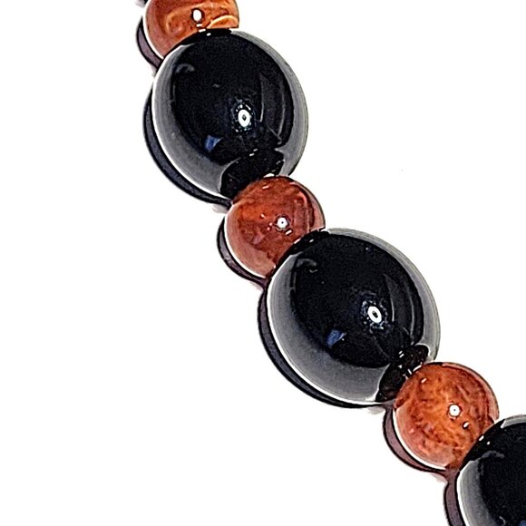 Vintage Bakelite black & marbled caramel bead necklace - Picture 3 of 9